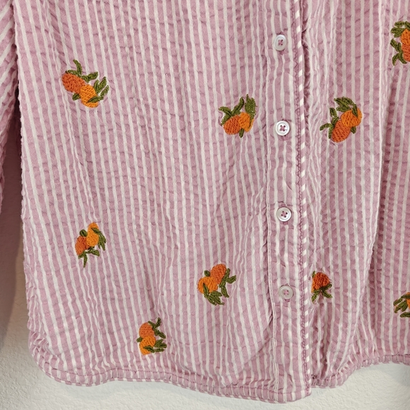 Anthropologie Maeve Embroidered Button down Shirt In Assorted Fruit Striped LG - Picture 8 of 15